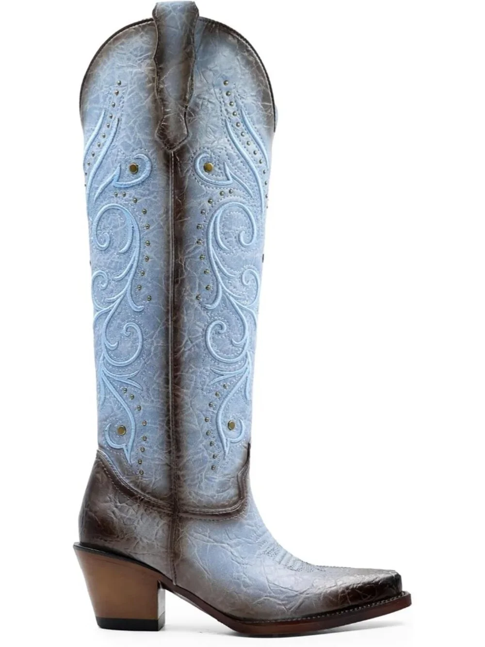 Women's Light Blue Polyurethane Pointed Toe Knee High Side Zipper Heel Boots